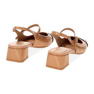 Décolleté slingback beige-nere in naplack, tacco 5 cm