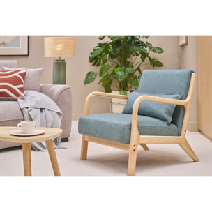 Fauteuil scandinave en tissu vert de gris et bois clair massif DERRY