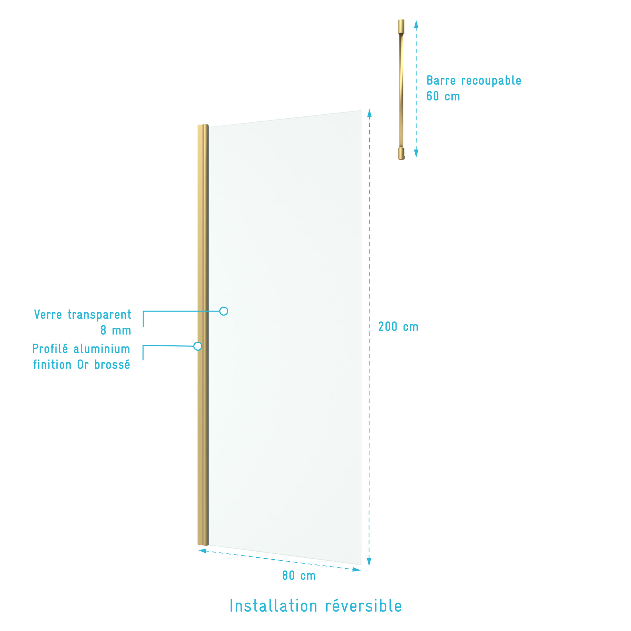 Paroi de Douche 80x200cm Verre 8mm - Profilé + Barre Plafond Finition Or Brossé - FREEDOM 2 GOLD