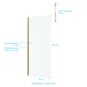 Paroi de Douche 80x200cm Verre 8mm - Profilé + Barre Plafond Finition Or Brossé - FREEDOM 2 GOLD