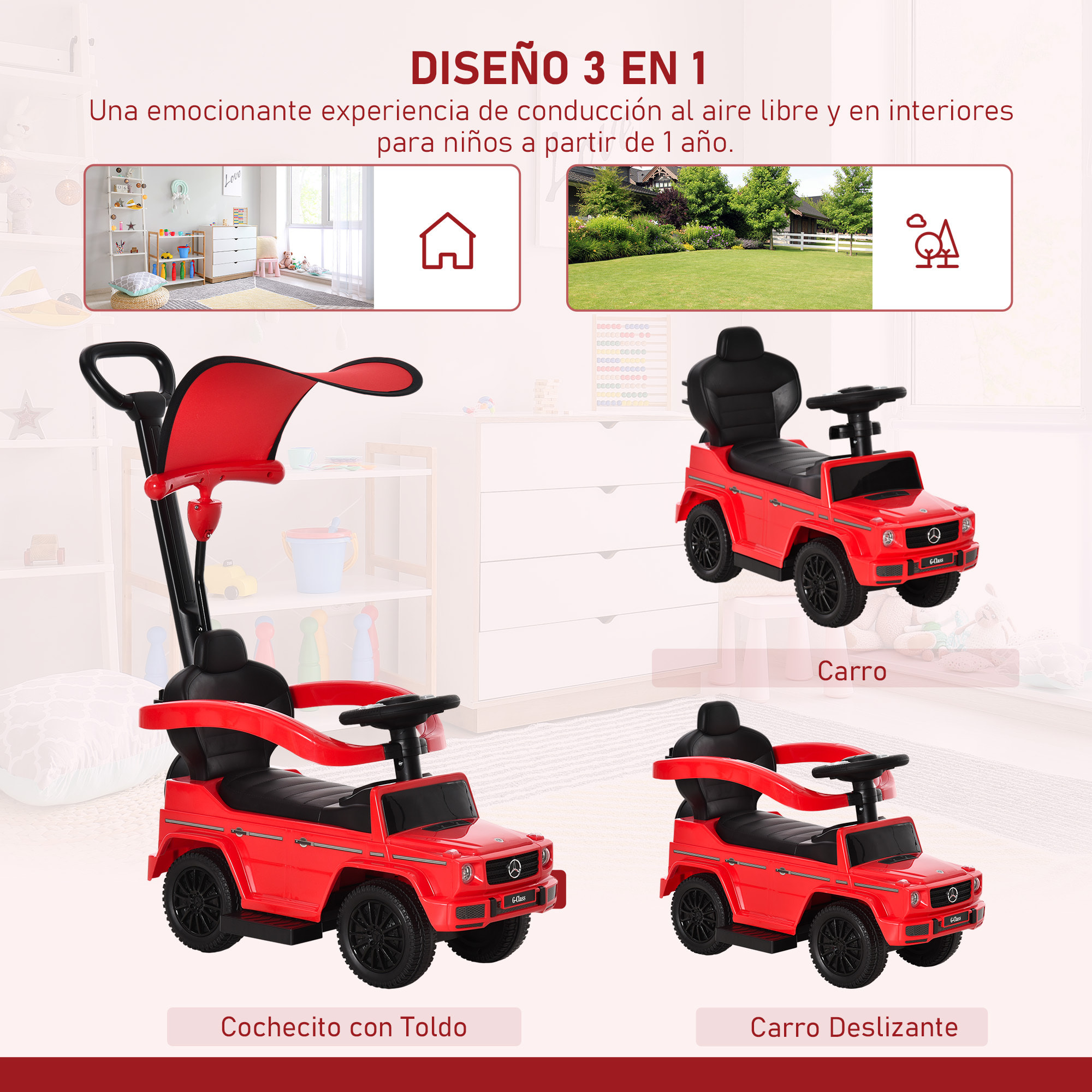 Correpasillos para Niños con Licencia Mercedes G350 Coche Correpasillos para Niños de 1-3 Años con Bocina Capota Extraíble y Barandilla Carga 25 kg 85,5x40,5x95 cm Rojo