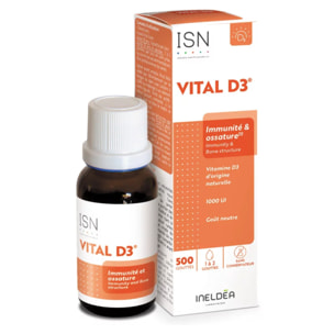 ISN - Vital D3® - 1000 UI - Complément Alimentaire riche en Vitamine D3 - Origine 100% Naturelle - Capital Osseux & Soutien de l'Immunité - Goût Neutre - Flacon Compte-gouttes 20ml