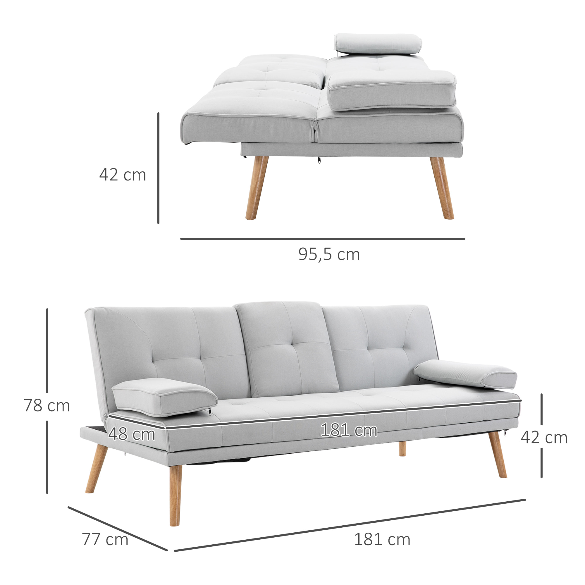 Sofá Cama 3 Plazas, Mesa Abatible con 2 Soportes para Vasos, 181x77x78 cm, Sofá Cama con Respaldo Ajustable, Apertura Clik-Clak, Reposabrazos Desmontables, Patas de Madera, Gris Claro