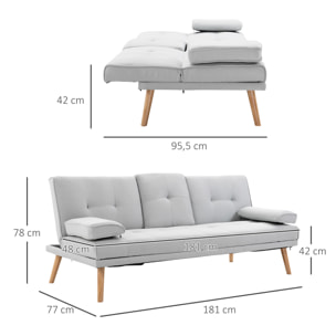 Sofá Cama 3 Plazas, Mesa Abatible con 2 Soportes para Vasos, 181x77x78 cm, Sofá Cama con Respaldo Ajustable, Apertura Clik-Clak, Reposabrazos Desmontables, Patas de Madera, Gris Claro