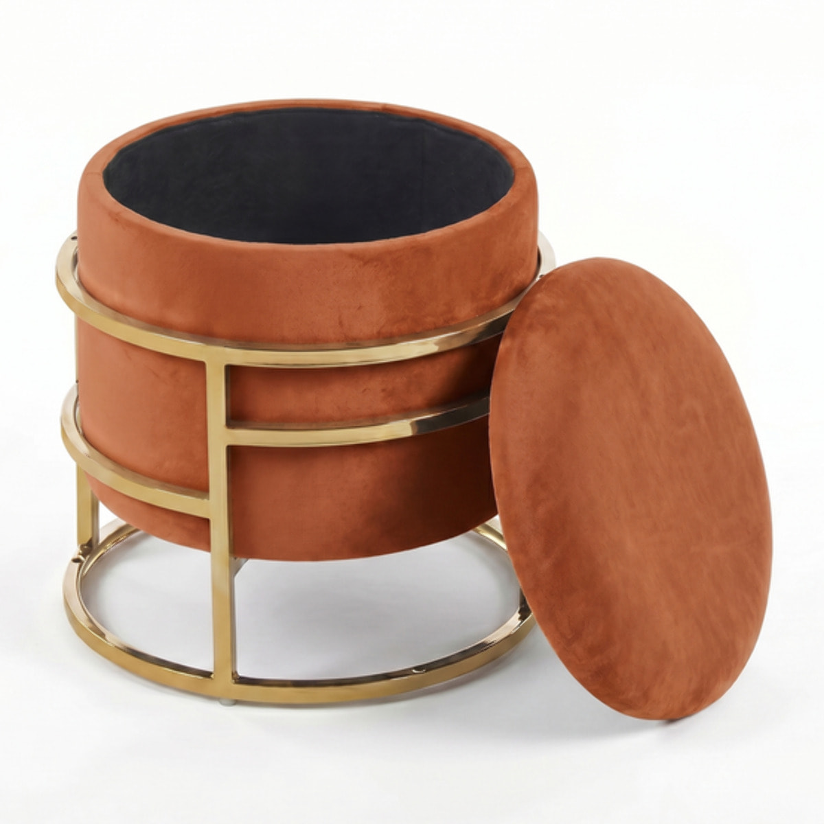 Pouf Contenitore Rotondo in Velluto con Coperchio e Base in Acciaio Dorata, Seduta Imbottita con Vano Contenitore dallo Stile Elegante per Soggiorno, Camera da Letto e Ingresso