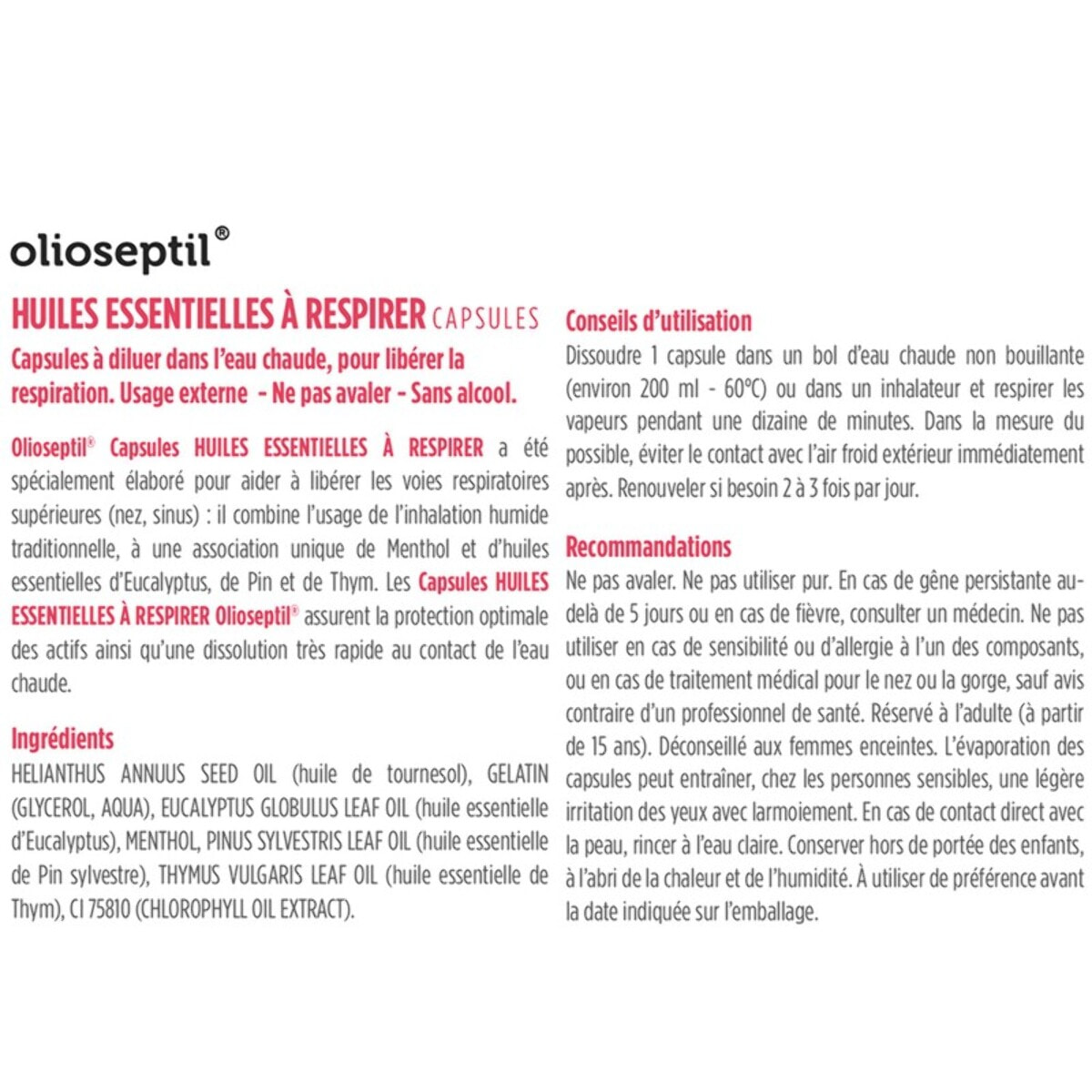 OLIOSEPTIL - Capsules Huiles Essentielles à Respirer - Association de menthol et d'huiles essentielles - Aide à Dégager le Nez & le Sinus - Assainit le Système Respiratoire - 15 capsules