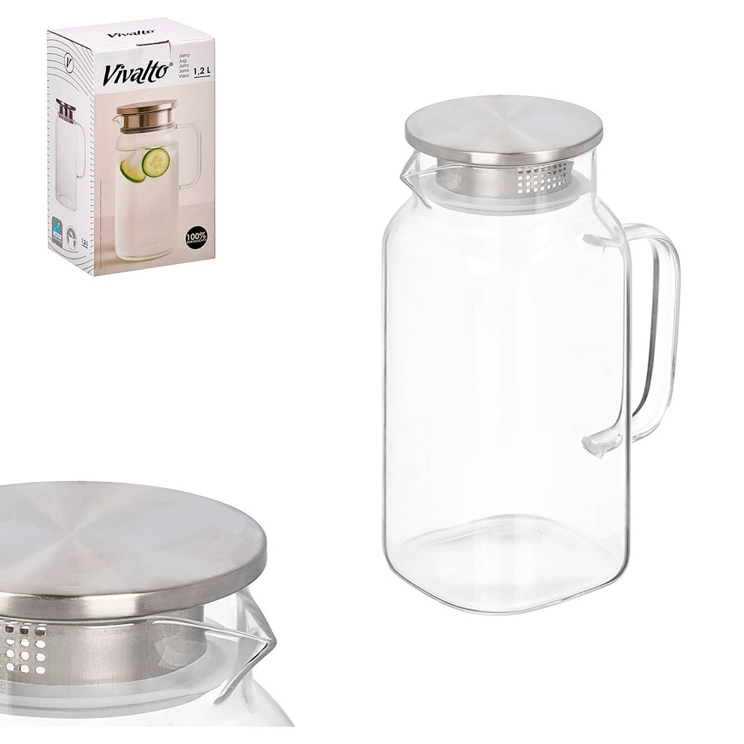 Jarra de borosilicato cuadrada con tapa acero 1,2L.