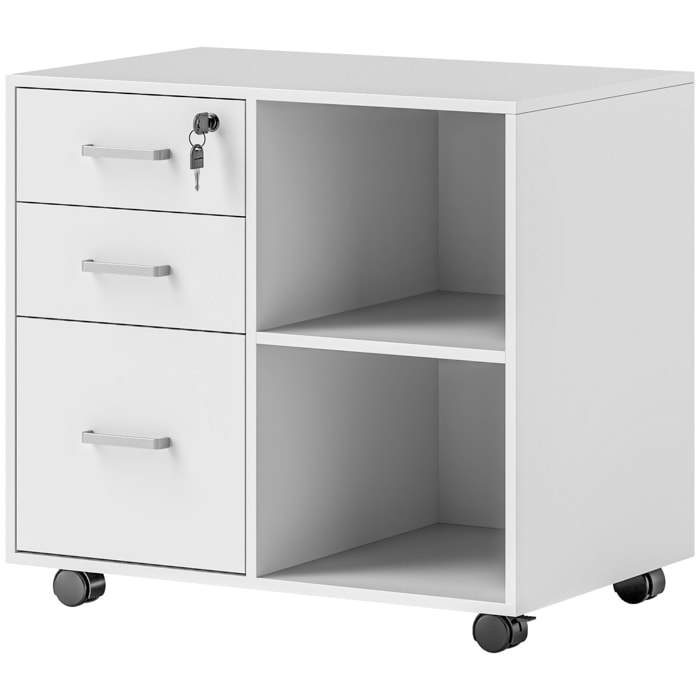 Meuble imprimante mobile - caisson de bureau - tiroir verrouillable + 2 tiroirs, 2 niches - blanc