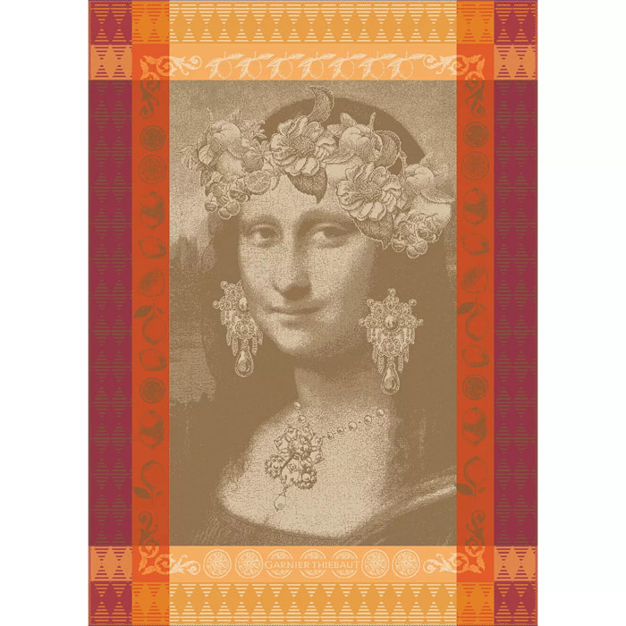 Torchon pur coton motif jacquard bordeaux orange Mona lisa cuivre