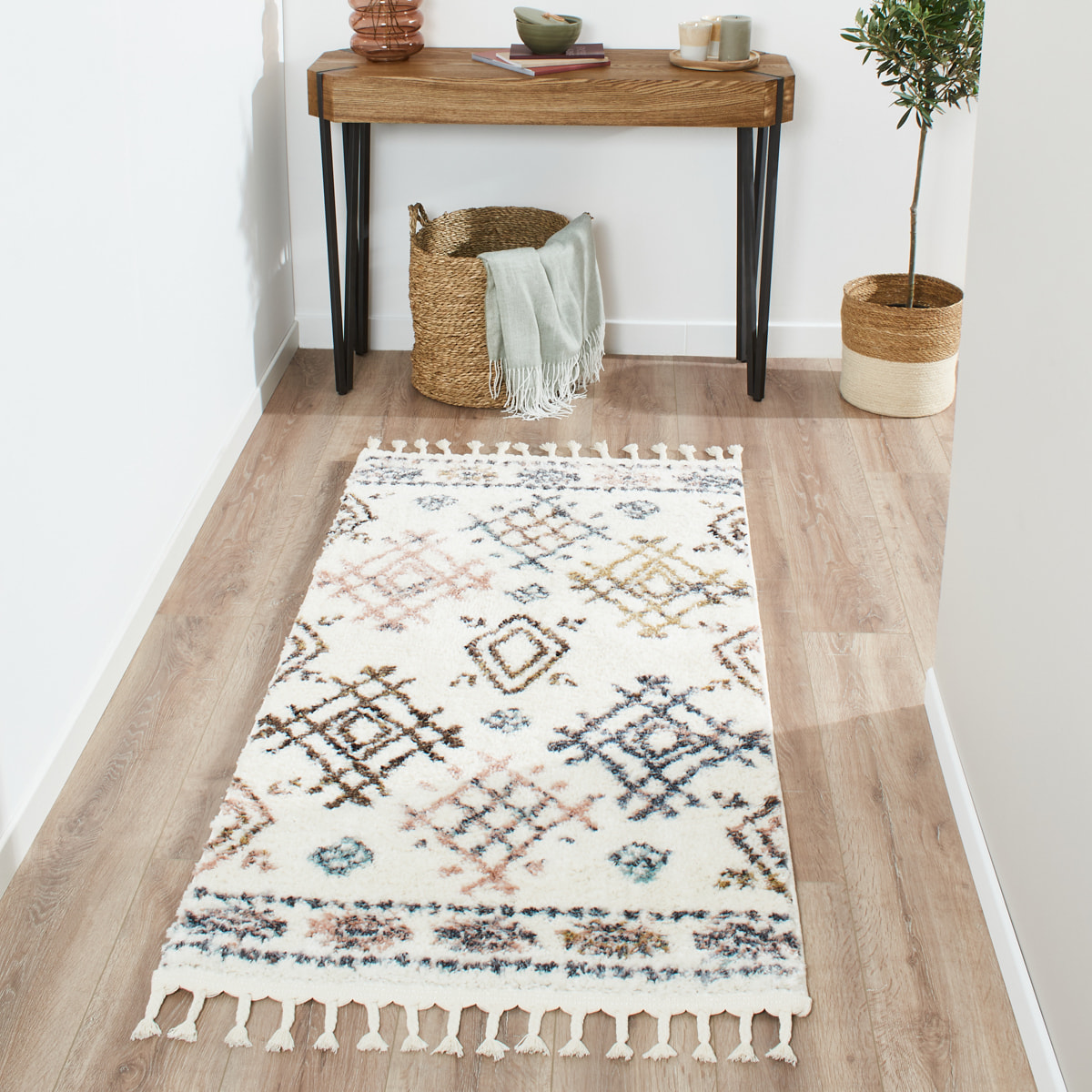 Delya - tapis shaggy berbère coloré en laine artificielle, crème