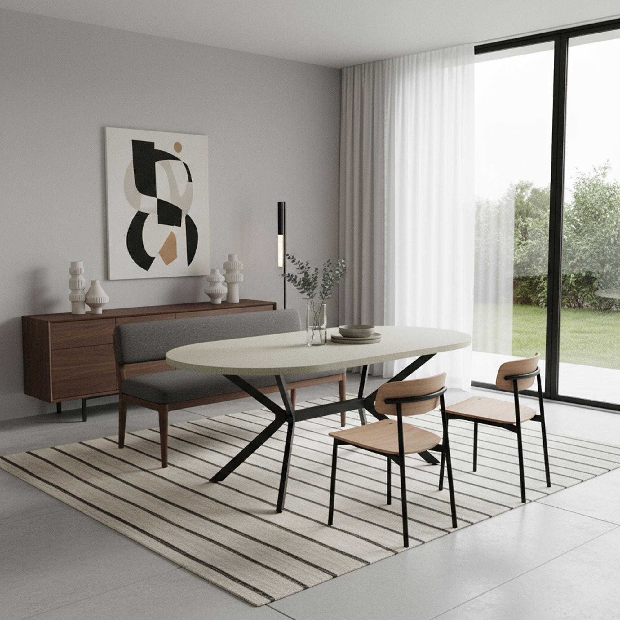 Marui Small - Tavolo da pranzo ovale 150x90 cm in Legno Testurizzato con Piede Centrale in metallo Ashi