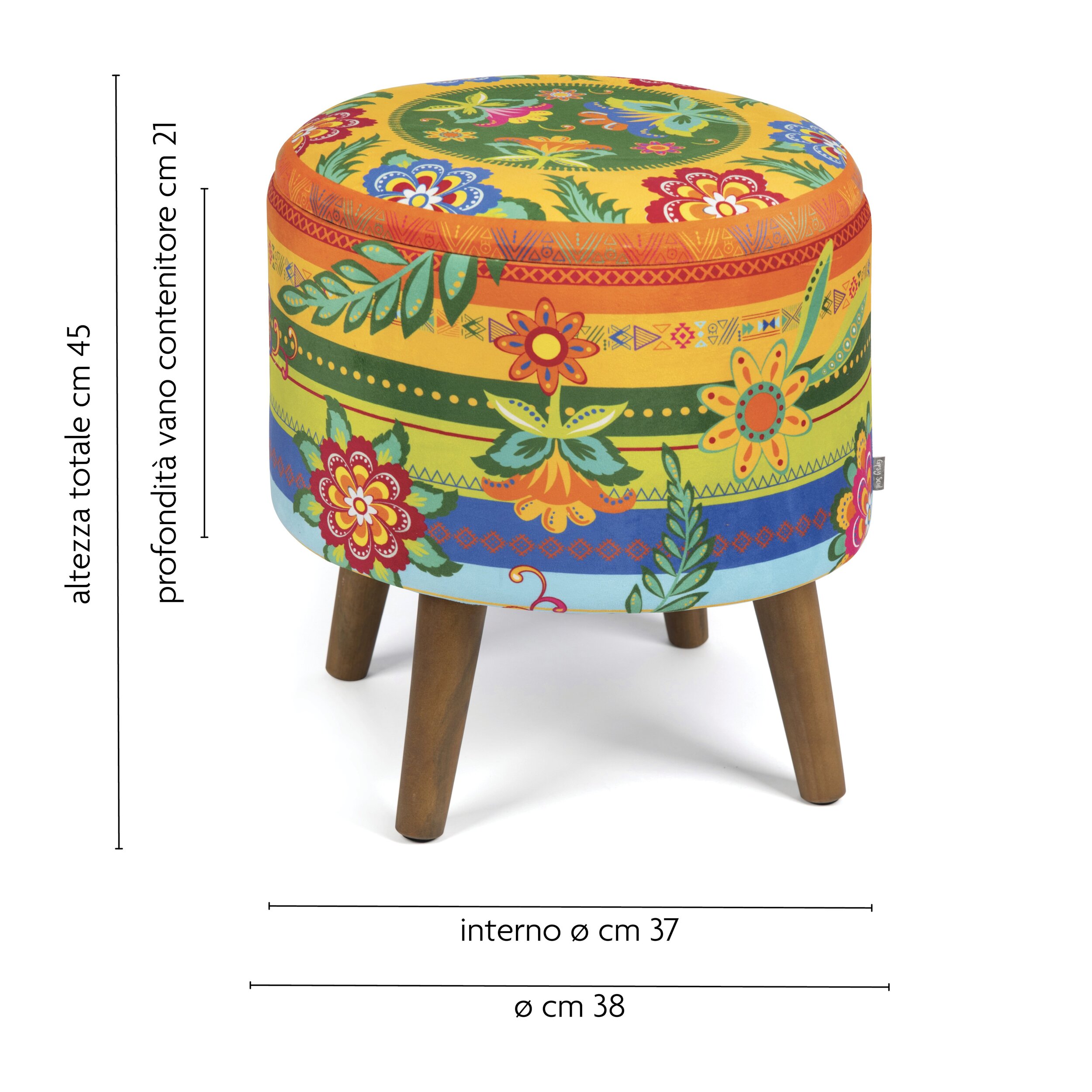 Pouf contenitore Excelsa Gipsy Soul in velluto e legno 38x38x45 cm multicolore