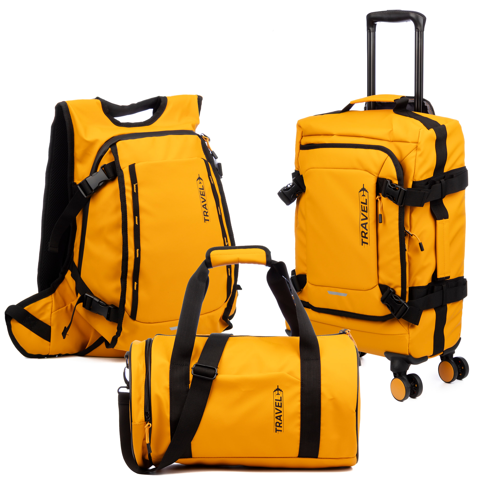 Set di 3 valigie flessibili in tessuto idrorepellente, riflettenti e di alta durata.