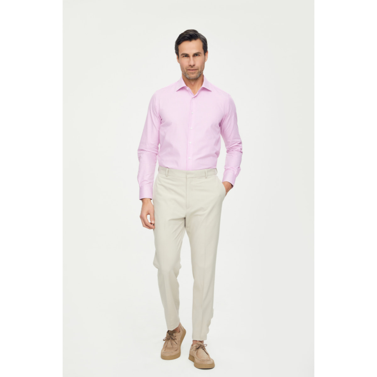 Camicia Uomo 1 Bottone Francese Slim Cotone Riga Stretta Rosa Fucsia/Bianco