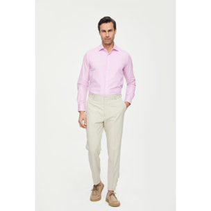 Camicia Uomo 1 Bottone Francese Slim Cotone Riga Stretta Rosa Fucsia/Bianco