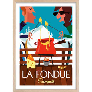 Poster retro la fondue savoyarde Affiche + cadre en bois - Chêne
