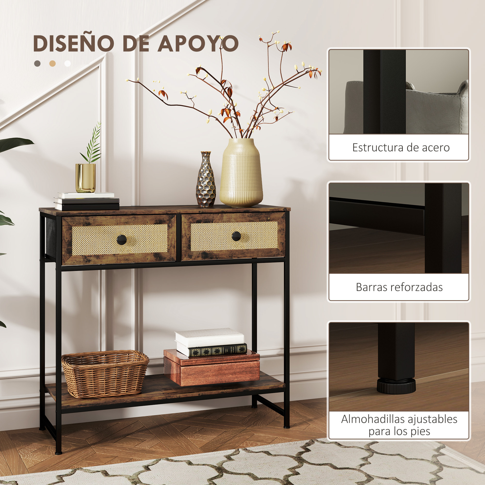 Mesa Consola Mueble para Recibidor con Estante Abierto y 2 Cajones Frontales de Ratán Consola para Recibidor Entrada Pasillo 80x30x75 cm Marrón Rústico