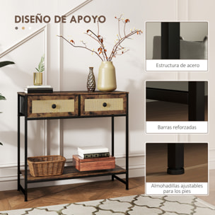 Mesa Consola Mueble para Recibidor con Estante Abierto y 2 Cajones Frontales de Ratán Consola para Recibidor Entrada Pasillo 80x30x75 cm Marrón Rústico