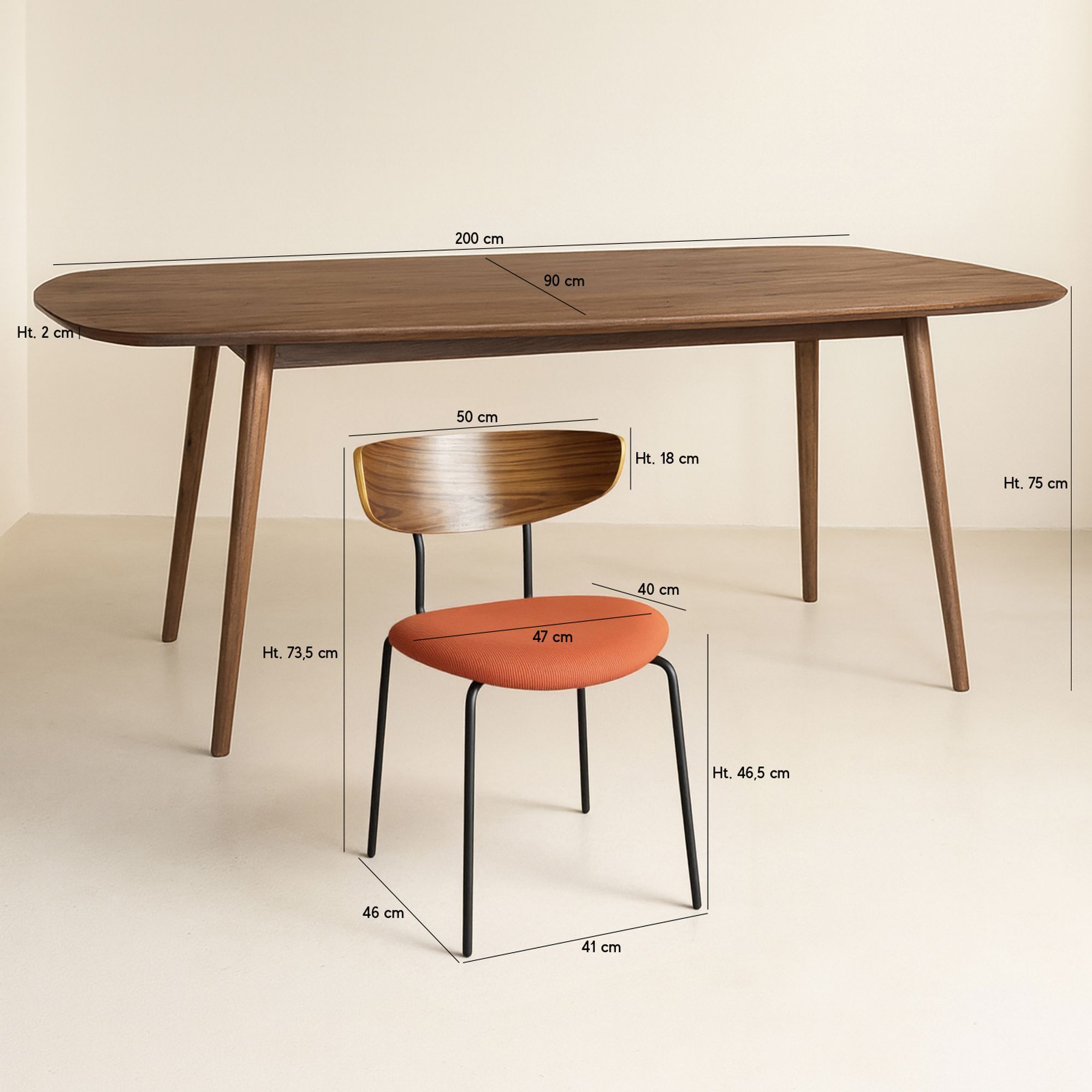 Ensemble table en bois rectangulaire et 6 chaises terracotta RIVA