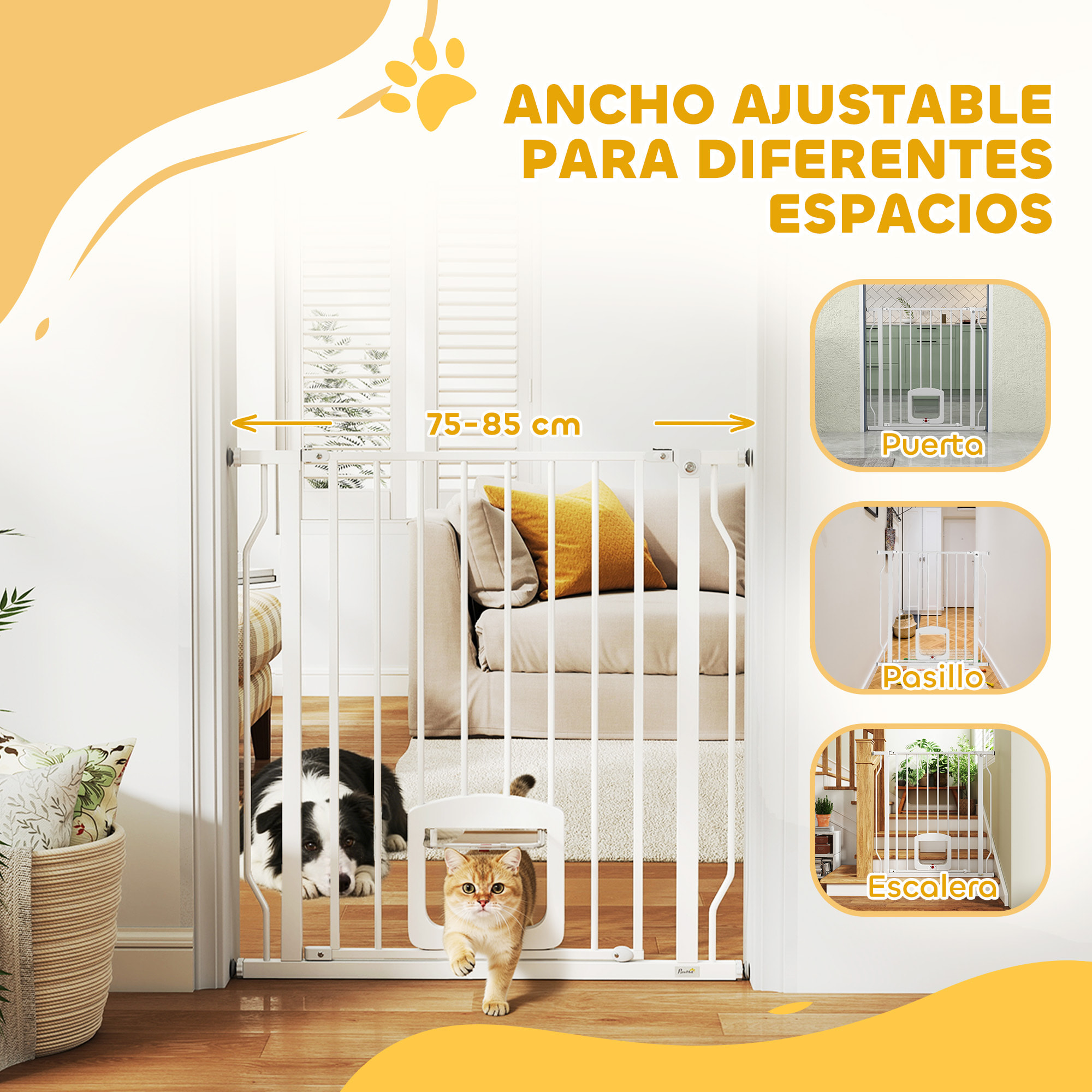 Barrera de Seguridad para Perros Extensible 75-85 cm, para Puertas y Escaleras, Barrera para Perros con Puerta Pequeña, Montaje a Presión, Doble Bloqueo, Blanco