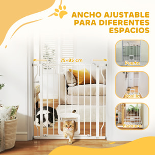 Barrera de Seguridad para Perros Extensible 75-85 cm, para Puertas y Escaleras, Barrera para Perros con Puerta Pequeña, Montaje a Presión, Doble Bloqueo, Blanco