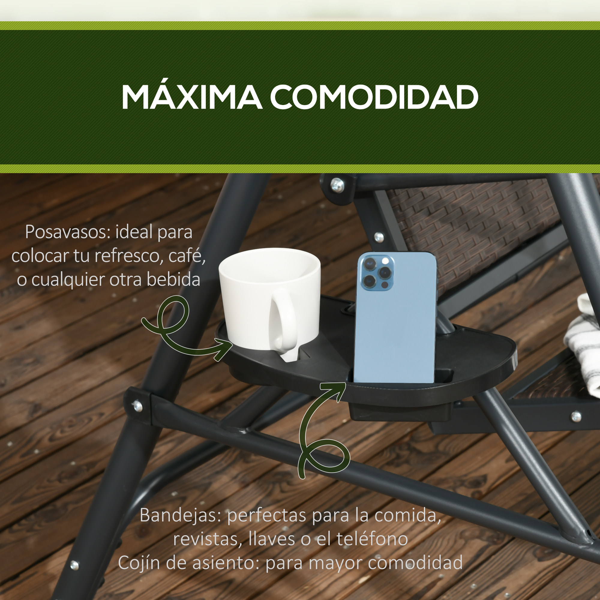 Columpio de Jardín de 3 Plazas Banco Balancín para Exterior con Toldo Ajustable Asiento de Ratán 2 Portavasos 2 Bandejas y Marco de Acero para Terraza Patio 204x112x150 cm Gris