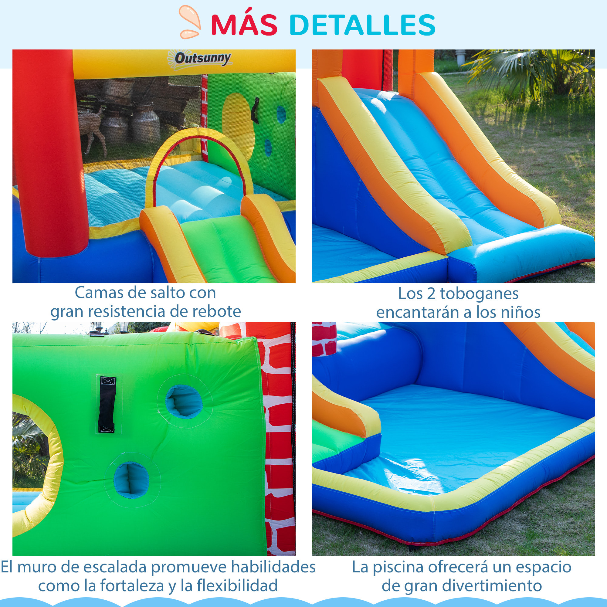 Castillo Hinchable con 2 Toboganes 2 Camas de Salto y Piscina para Niños +3 Años Incluye Inflador y Bolsa de Transporte para Interior Exterior 380x370x230 cm Multicolor