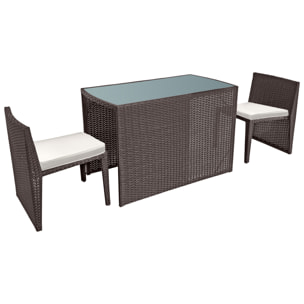 Salon de jardin encastrable SANTORIN en résine tressée marron 2 places - coussins ivoire