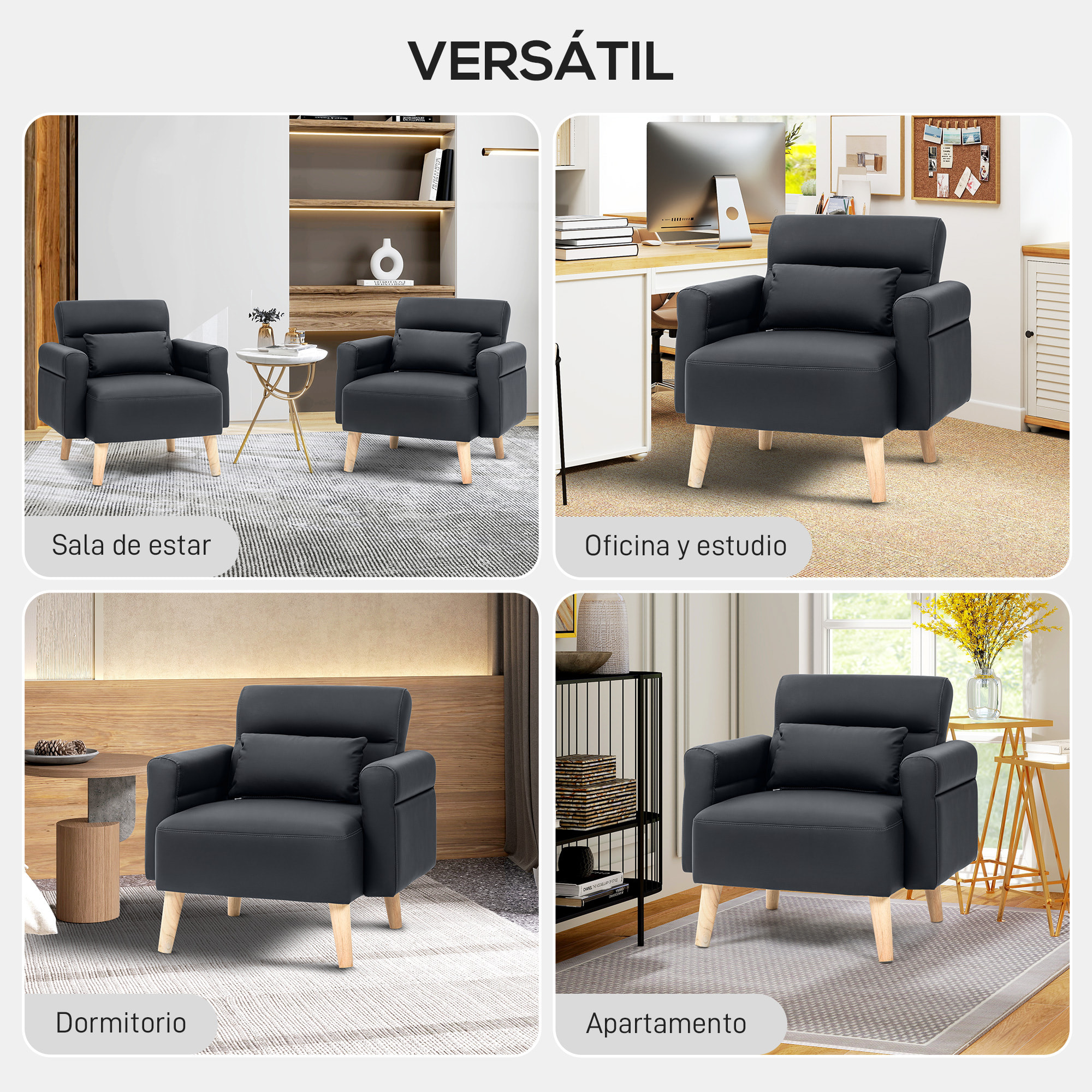 Sillón de Salón Tapizado en Cuero Sintético Butaca de Salón de 77 cm con Reposabrazos Acolchado Grueso Respaldo Acanalado y Patas de Madera para Dormitorio Sala de Estar Negro