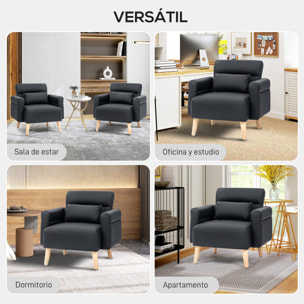 Sillón de Salón Tapizado en Cuero Sintético Butaca de Salón de 77 cm con Reposabrazos Acolchado Grueso Respaldo Acanalado y Patas de Madera para Dormitorio Sala de Estar Negro