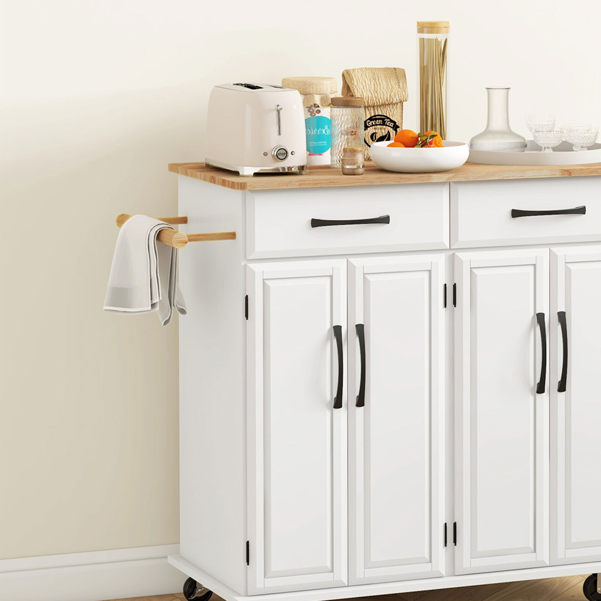 Isla de Cocina Carrito de Cocina Mueble Auxiliar de Comedor con Ruedas 4 Puertas 2 Cajones Toalleros y Estantes Ajustables 111x44,5x90,5 cm Blanco y Roble