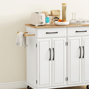 Isla de Cocina Carrito de Cocina Mueble Auxiliar de Comedor con Ruedas 4 Puertas 2 Cajones Toalleros y Estantes Ajustables 111x44,5x90,5 cm Blanco y Roble