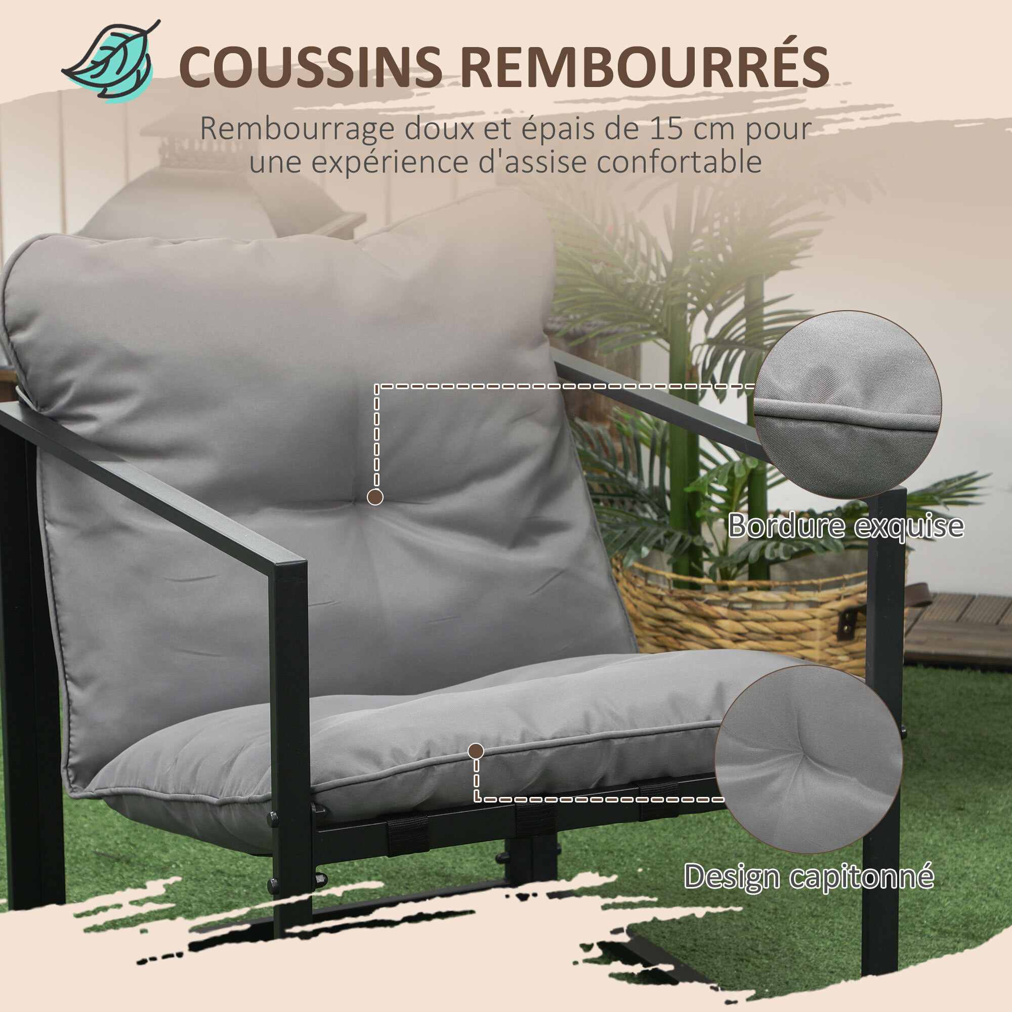 Salon de jardin 4 personnes - 4 pièces, 3 coussins - acier époxy noir polyester gris