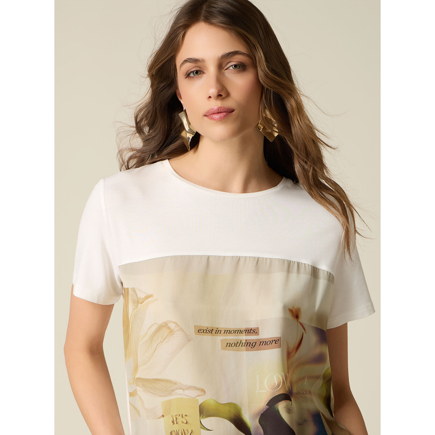 Oltre - Camiseta con inserto de raso estampado - Blanco