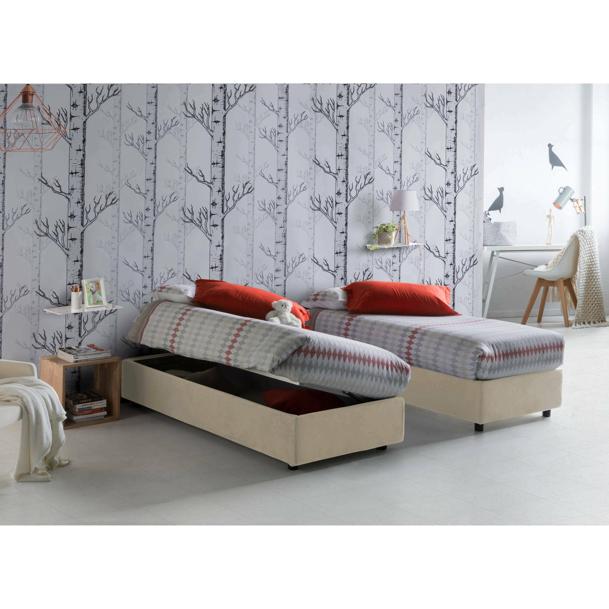 Letto singolo Melissa, Letto contenitore con rivestimento in tessuto, 100% Made in Italy, Apertura laterale, adatto per materasso Cm 80x190, Beige