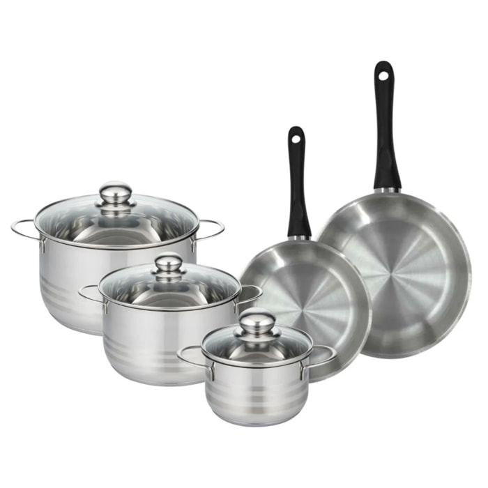 Set de 2 poêles 20 et 24 cm en inox et 3 faitouts inox 16, 20 et 24 cm Fackelmann Geneva