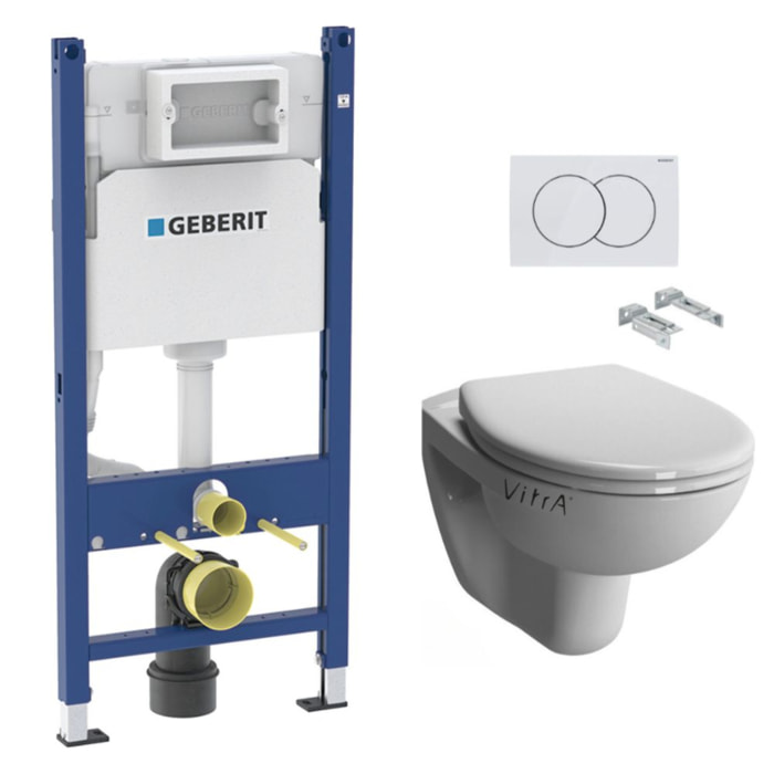 Pack WC Bati-support Geberit Duofix  + WC sans bride Vitra Normus + Abattant softclose + Plaque blanche (NormusRimlessGeb3)