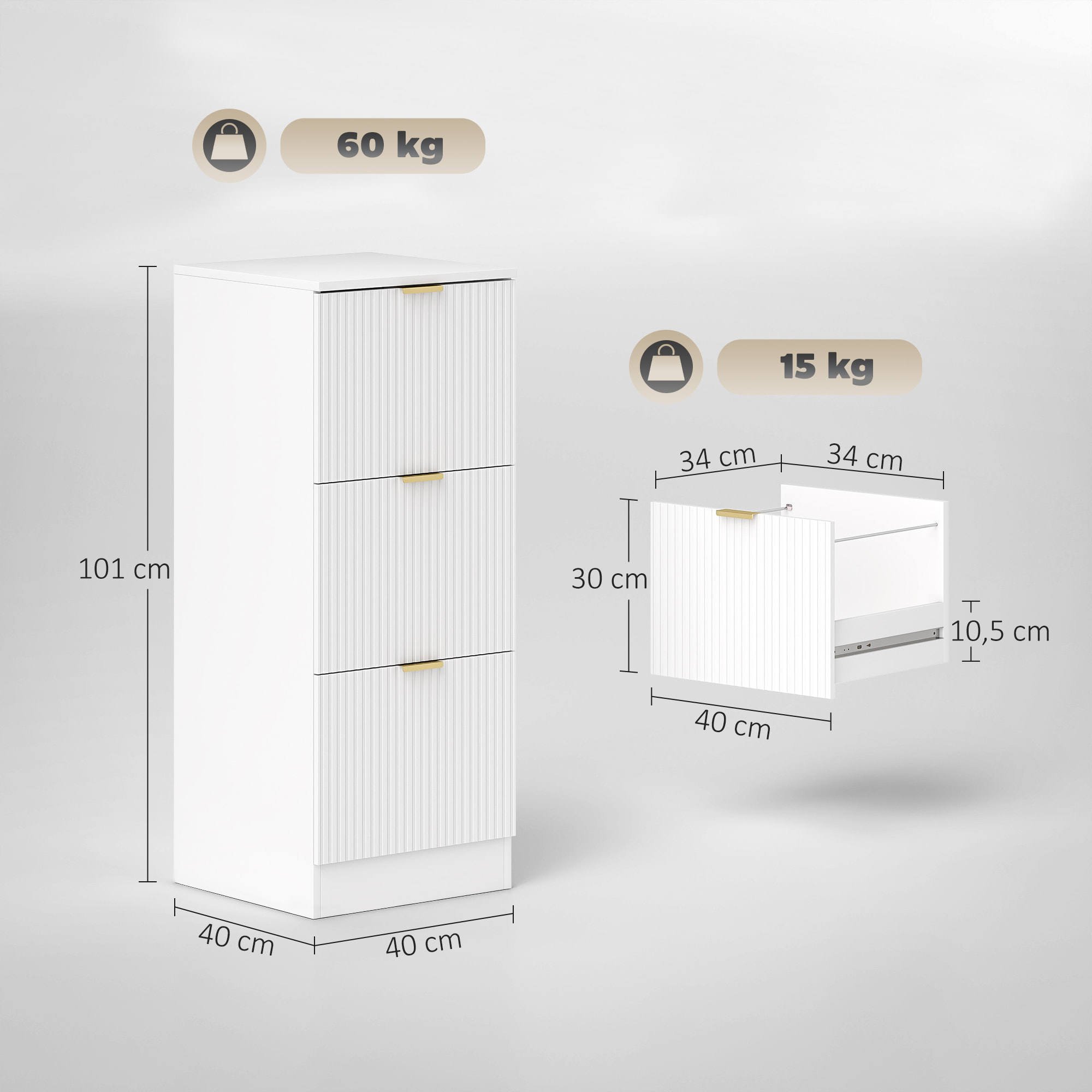 Cajonera de Oficina con 3 Cajones Cajonera de Escritorio con Frentes Acanalados Mueble Archivador para Tamaño A4 o Carta para Estudio 40x40x101 cm Blanco