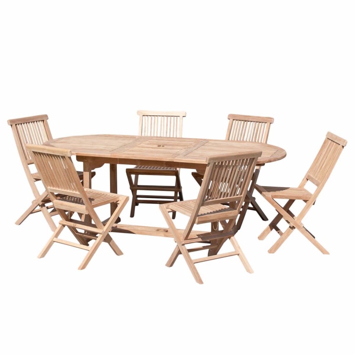 FUN - SALON DE JARDIN EN BOIS TECK 6/8 pers : Ensemble de jardin : 1 table ovale extensible 150*200/90cm et 6 chaises