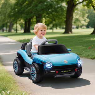 Coche Eléctrico para Niños de +3 Años, Volkswagen E-Buggy, Coche de Batería 12V, con Mando a Distancia 2,4 G, Ruedas con Suspensión, Faros LED, Música, USB, Motor Doble, Azul