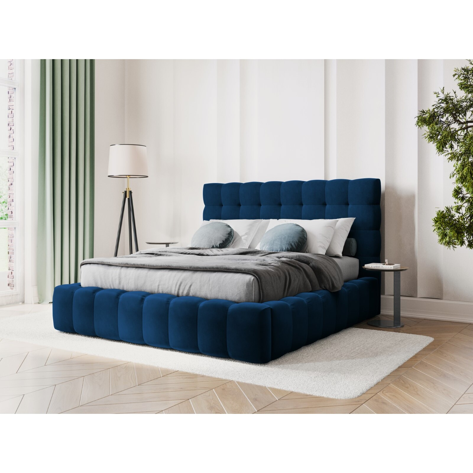 Lit coffre avec tête de lit "Bali" 200x200cm en velours bleu roi