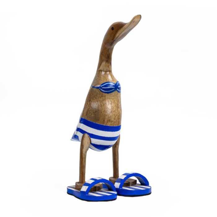 Statue H. 40 cm canard maillot bleu et blanc rayé en bois de teck - DUCK