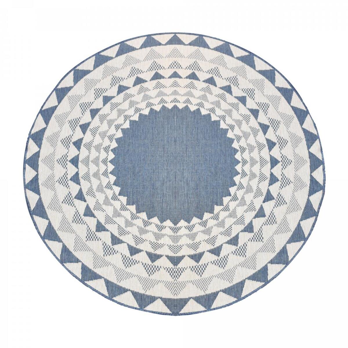 Tapis d'extérieur rond et  Reversible, tapis de grand diamètre blanc et bleu