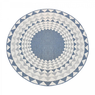 Tapis d'extérieur rond et  Reversible, tapis de grand diamètre blanc et bleu