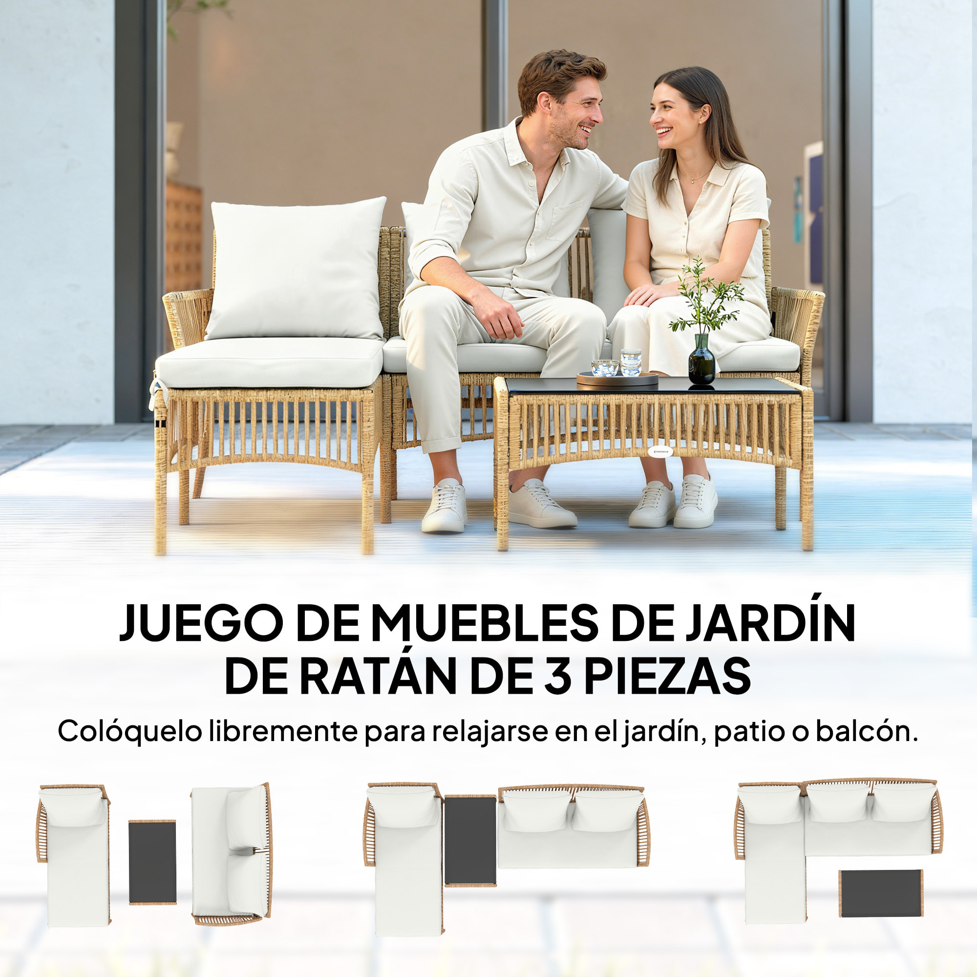 Conjunto de Jardín de Ratán de 3 Piezas, Muebles Jardín Exterior Incluye 1 Sofá de 2 Plazas, 1 Sofá Esquinera, 1 Mesa de Centro con Tablero de Vidrio Templado, Cojines, Resistente, Crema