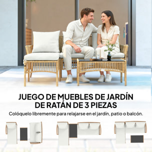 Conjunto de Jardín de Ratán de 3 Piezas, Muebles Jardín Exterior Incluye 1 Sofá de 2 Plazas, 1 Sofá Esquinera, 1 Mesa de Centro con Tablero de Vidrio Templado, Cojines, Resistente, Crema