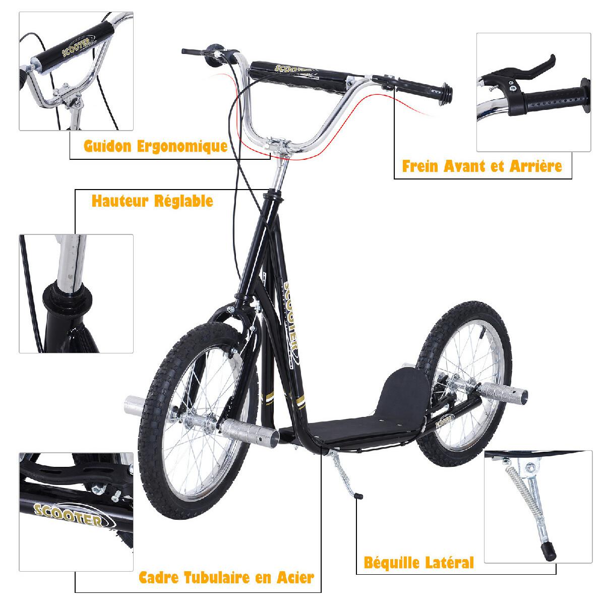 Trottinette patinette freestyle grandes roues pneumatiques Ø 41 cm avec pegs noir