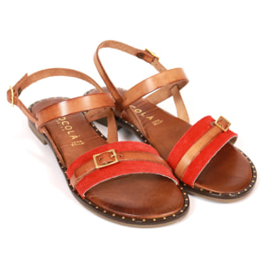 SANDALO FLAT CINTURINO CHOCOLA' VERA PELLE ROSSO