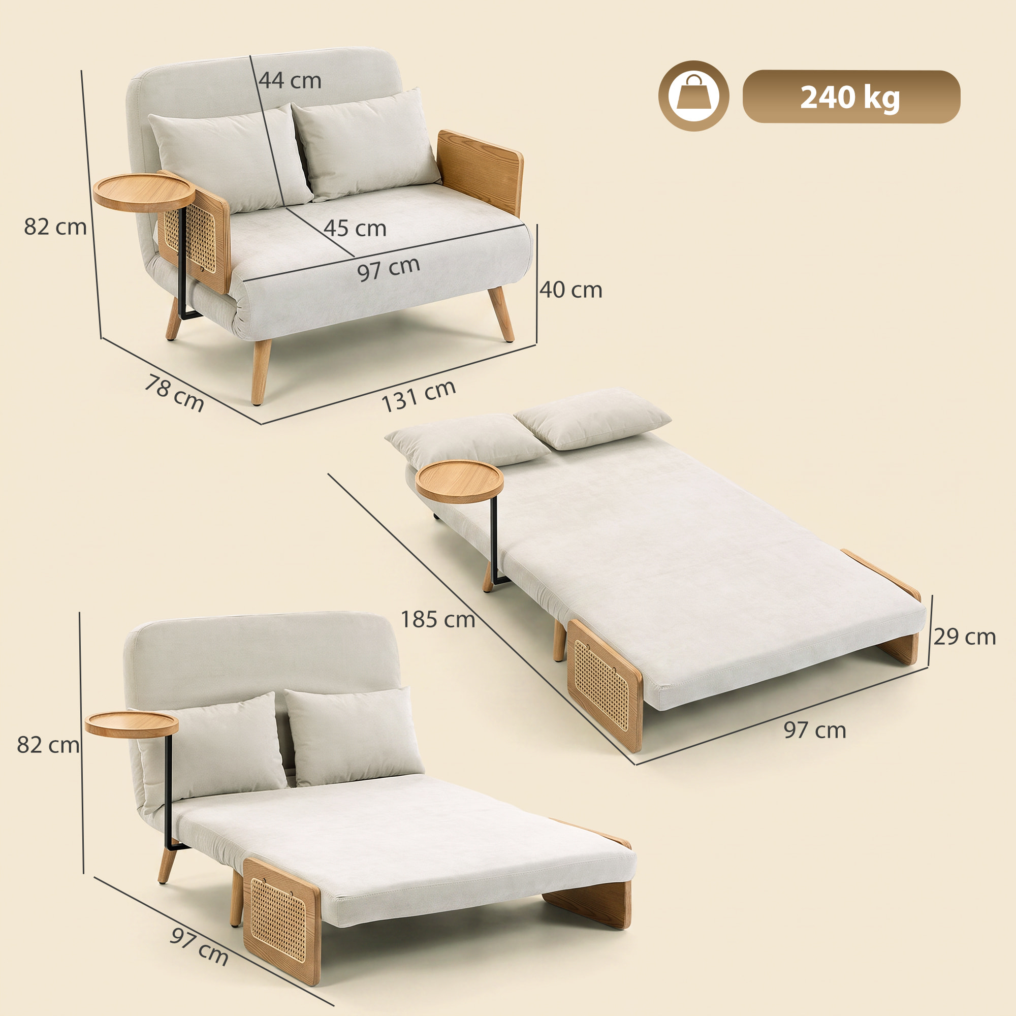 Sofá Cama 2 Plazas Convertible, 3 en 1, Sofá Cama Plegable, Tapizado Chenilla, Respaldo Ajustable, Mesa Lateral de Madera, 2 Almohadas con Funda Lavable, para Salón, 131x78x82 cm, Blanco Crema