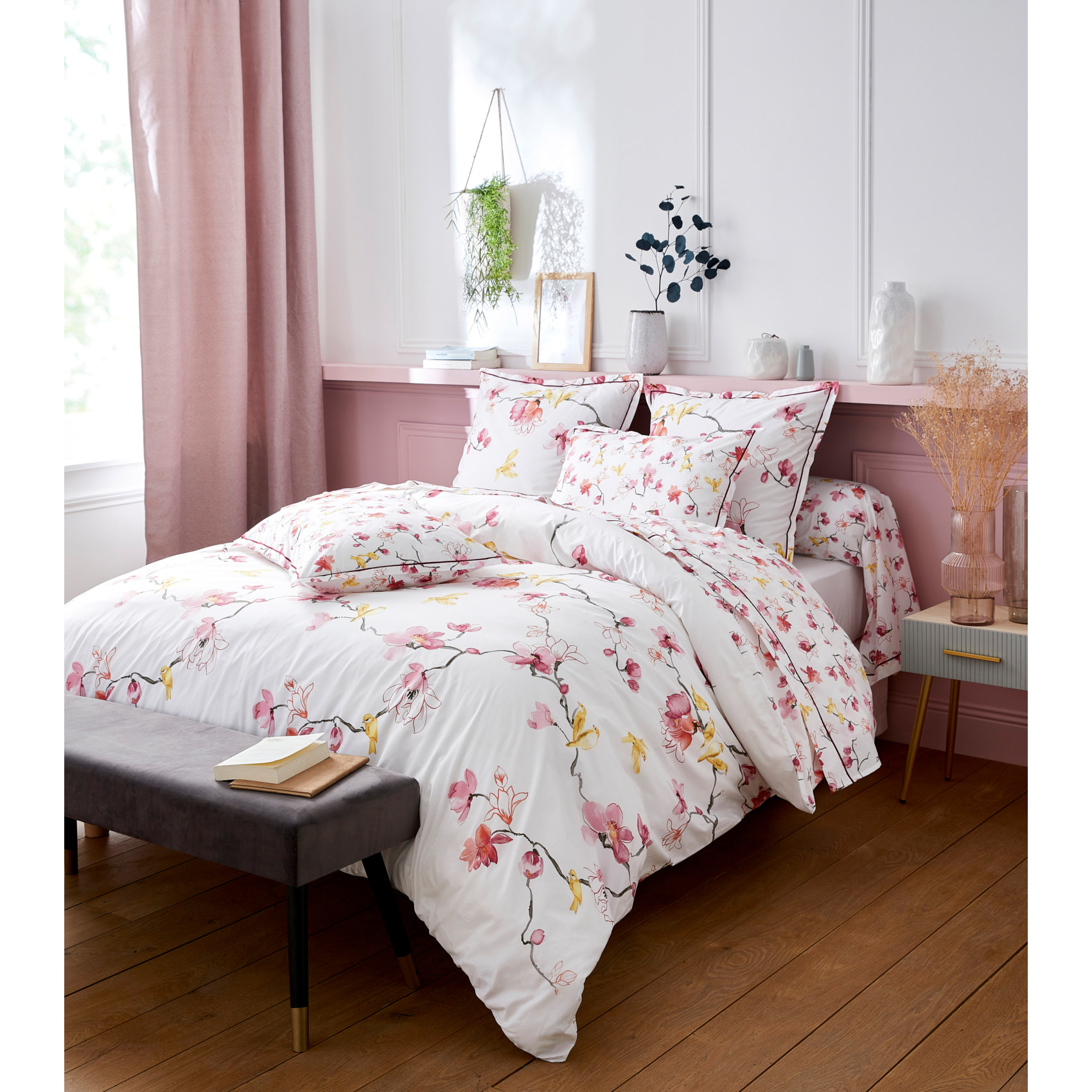 Taie d'oreiller imprimée fleurs et oiseaux - Rose Clair